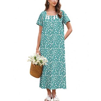 Ekouaer Women's Cotton Short-Sleeve Button-Front Lace-Trim Maxi Nightgown