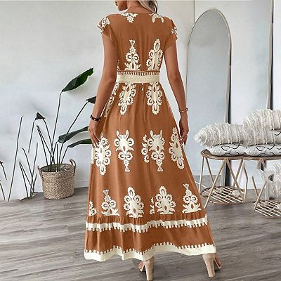 casual frock dresses Dress Fashion Casual Women V-Neck Short Sleeve Long Floral Print Slim  A-Line Dress Fall Dresses For Women