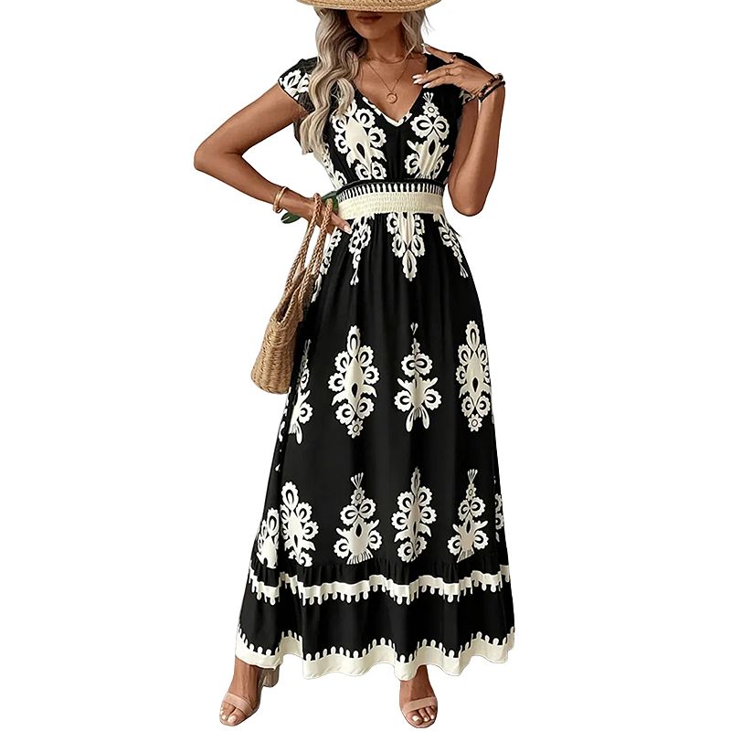 Women's Cap Sleeve V-Neck Maxi Dress, Casual A-Line Flowy Sundress for Beach & Daily Wear