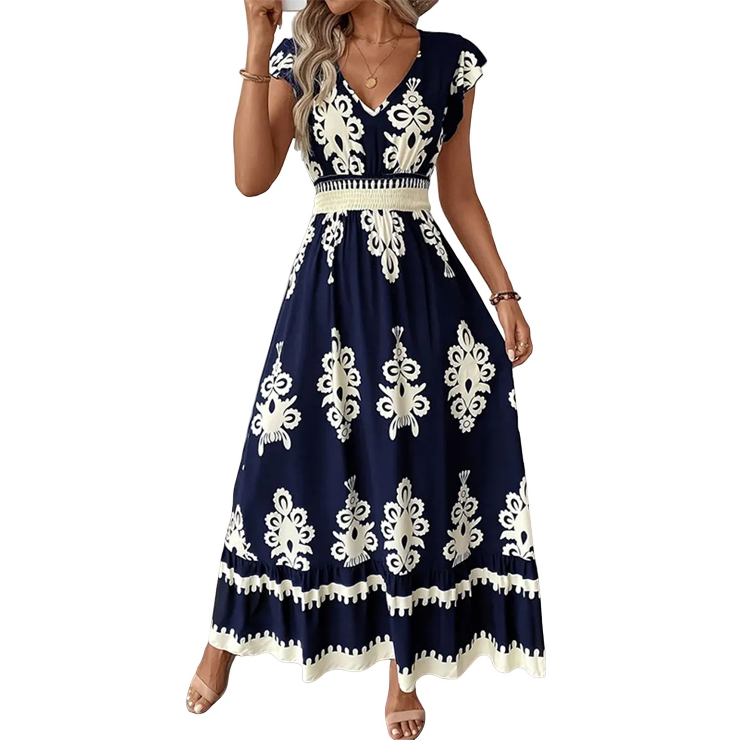 Женские платья Cap Sleeve V-Neck Maxi Dress, Casual A-Line Flowy Sundress for Beach & Daily Wear