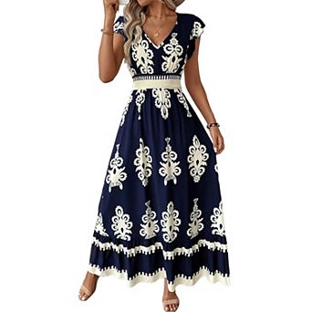 Women's Cap Sleeve V-Neck Maxi Dress, Casual A-Line Flowy Sundress for Beach & Daily Wear