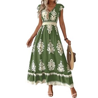 Women's Cap Sleeve V-Neck Maxi Dress, Casual A-Line Flowy Sundress for Beach & Daily Wear