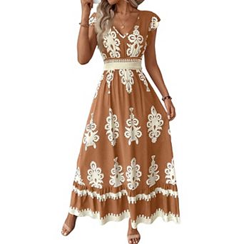 Women's Cap Sleeve V-Neck Maxi Dress, Casual A-Line Flowy Sundress for Beach & Daily Wear