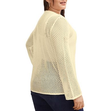 Women's Plus Size Cardigan Bow Tie Hollow Out Cardigans Sweaters Sheer Crochet Knit Outwear