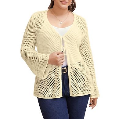 Women's Plus Size Cardigan Bow Tie Hollow Out Cardigans Sweaters Sheer Crochet Knit Outwear