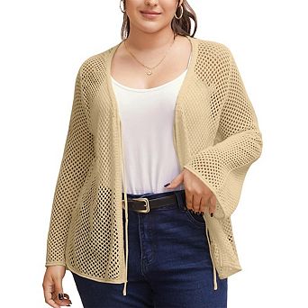 Women's Plus Size Cardigan Bow Tie Hollow Out Cardigans Sweaters Sheer Crochet Knit Outwear