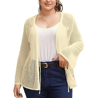Women's Plus Size Cardigan Bow Tie Hollow Out Cardigans Sweaters Sheer Crochet Knit Outwear