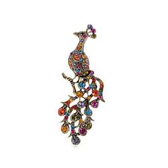 Elegant Multicolor Crystal Rhinestone Perched Peacock Tree Branch Bird Animal Brooch Pin