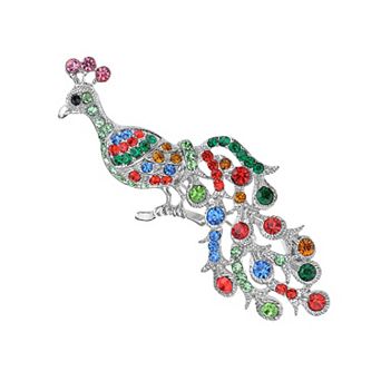 Elegant Multicolor Crystal Rhinestone Perched Peacock Tree Branch Bird Animal Brooch Pin