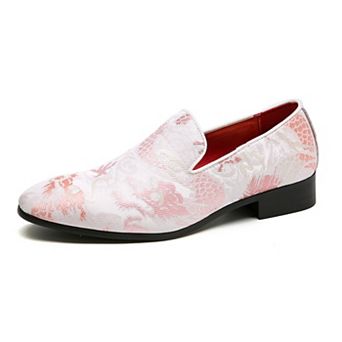 Men's Pink Floral Print Loafers Embroidery Slip-On Dress Shoes