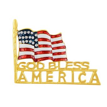 Golden Tone Clear Crystal Rhinestones Stripes Enamel July 4th America USA Flag Patriotic Brooch Pin