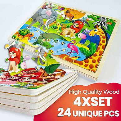 QUOKKA 4SET 24 Pcs Wooden Puzzles for Kids Ages 4-6