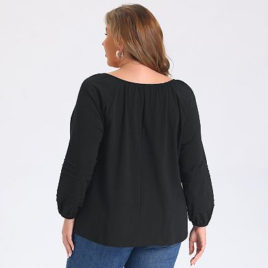 Women's Plus Size Tops Keyhole Neck Lantern Sleeve Pintuck Casual Trendy Blouses Top