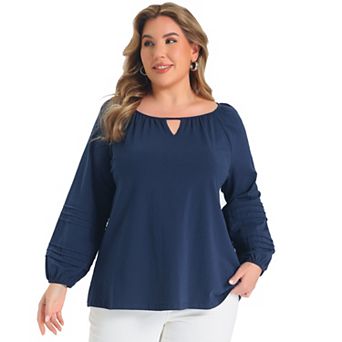 Women's Plus Size Tops Keyhole Neck Lantern Sleeve Pintuck Casual Trendy Blouses Top