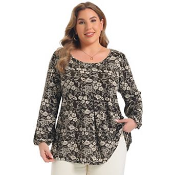 Women's Plus Size Tops Floral Print Front Pleated Round Neck Lantern Sleeves Dressy Casual Blouses