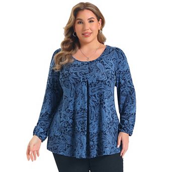Women's Plus Size Tops Floral Print Front Pleated Round Neck Lantern Sleeves Dressy Casual Blouses