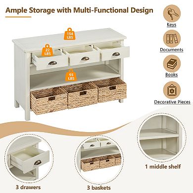 KWPZQEB Retro Console Table with 3 Baskets, Sofa Table with 3 Drawers for Entryway, Living Room