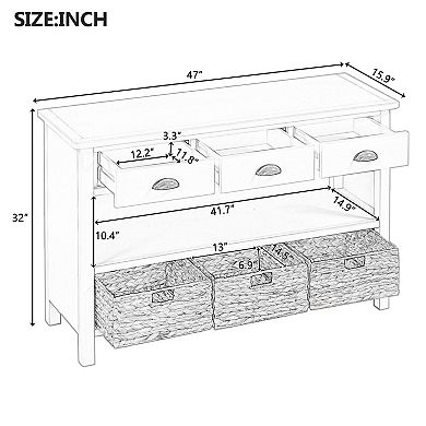 KWPZQEB Retro Console Table with 3 Baskets, Sofa Table with 3 Drawers for Entryway, Living Room