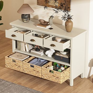 KWPZQEB Retro Console Table with 3 Baskets, Sofa Table with 3 Drawers for Entryway, Living Room