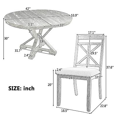 Pnronnc Retro 5-Piece Dining Table Set, Wooden Extendable Round Table with 4 Upholstered Chairs