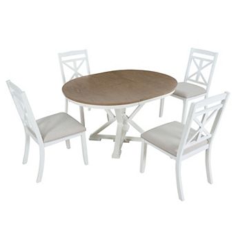 Pnronnc Retro 5 pc Dining Table Set, Wooden Extendable Round Table with 4 Upholstered Chairs