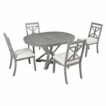 Pnronnc Retro 5 pc Dining Table Set, Wooden Extendable Round Table with 4 Upholstered Chairs