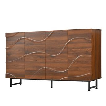 KWPZQEB Farmhouse Solid Wood Sideboard with 4 Wave Relief Design Doors for Dining Room