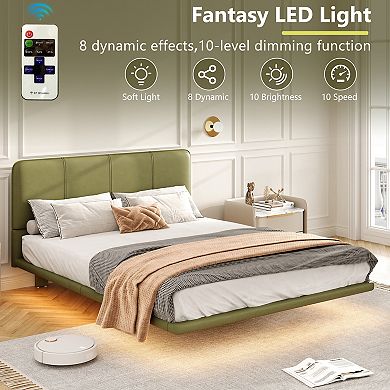Loheer Full Size Floating Platform Bed Frame with Remote Controlled LED Lights in PU Leather