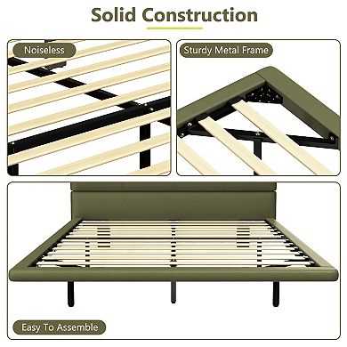 Loheer Full Size Floating Platform Bed Frame with Remote Controlled LED Lights in PU Leather