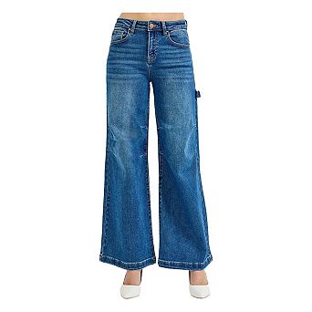 RISEN Full Size High Rise Wide Leg Patch Detailed Jeans Plus Size