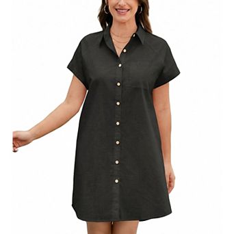Zeagoo Women's ShortSleeve V-Neck Button Down Tunic Shift Dress Casual Comfy Shirt Dress with Pocket