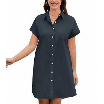 Zeagoo Women's ShortSleeve V-Neck Button Down Tunic Shift Dress Casual Comfy Shirt Dress with Pocket