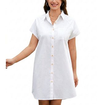 Zeagoo Women's ShortSleeve V-Neck Button Down Tunic Shift Dress Casual Comfy Shirt Dress with Pocket