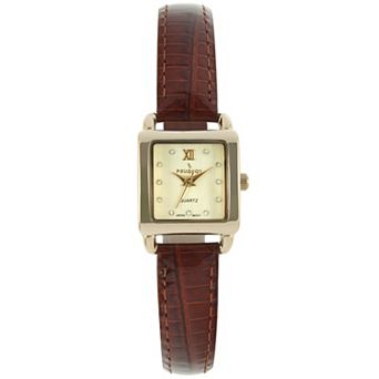 Peugeot Womens Small Face 20mm Square Watch with Glossy Leather Strap