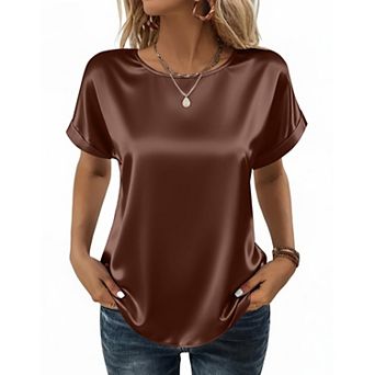 Zeagoo Women's Business Casual Tops, Short Sleeve Silk Satin Blouse, Basic Crewneck Summer Tshirts