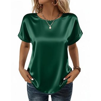Zeagoo Women's Business Casual Tops, Short Sleeve Silk Satin Blouse, Basic Crewneck Summer Tshirts