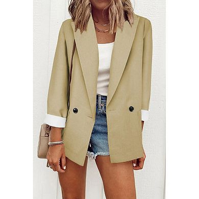 Women's Double Breasted Blazer Casual Rolled Cuff Open Front Work Office Jacket
