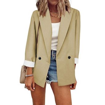 Women's Double Breasted Blazer Casual Rolled Cuff Open Front Work Office Jacket