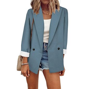 Women's Double Breasted Blazer Casual Rolled Cuff Open Front Work Office Jacket