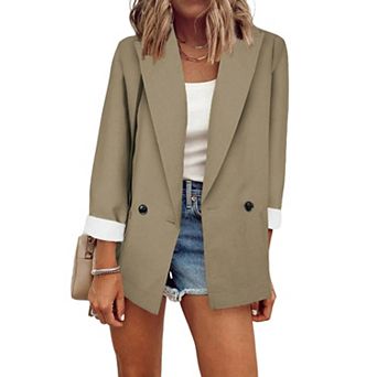 Women's Double Breasted Blazer Casual Rolled Cuff Open Front Work Office Jacket