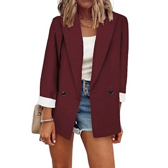 Women's Double Breasted Blazer Casual Rolled Cuff Open Front Work Office Jacket