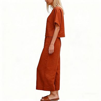 Women's 2 Piece Linen Blend Outfit Short Sleeve Crop Top Wide Leg Pants Set