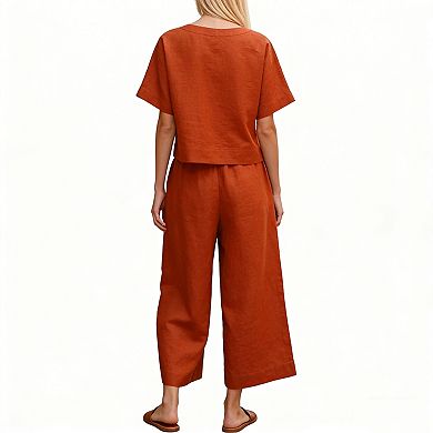 Women's 2 Piece Linen Blend Outfit Short Sleeve Crop Top Wide Leg Pants Set