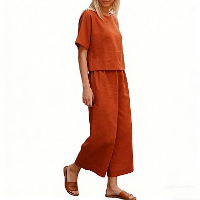 Women's 2 Piece Linen Blend Outfit Short Sleeve Crop Top Wide Leg Pants Set