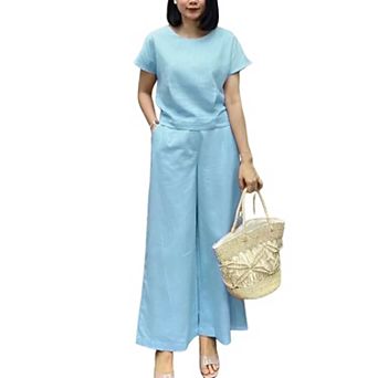 Women's 2 pc Linen Blend Outfit Short Sleeve Crop Top Wide Leg Pants Set