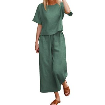 Women's 2 pc Linen Blend Outfit Short Sleeve Crop Top Wide Leg Pants Set