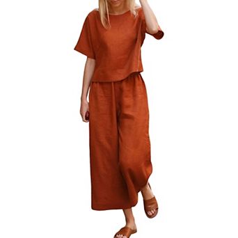 Women's 2 pc Linen Blend Outfit Short Sleeve Crop Top Wide Leg Pants Set