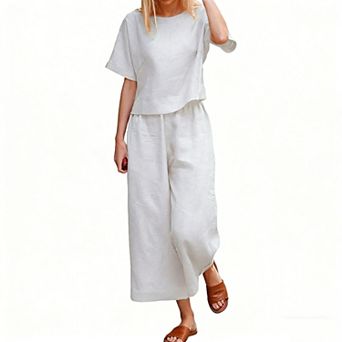 Women's 2 pc Linen Blend Outfit Short Sleeve Crop Top Wide Leg Pants Set