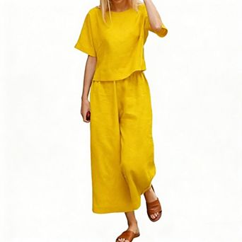 Women's 2 pc Linen Blend Outfit Short Sleeve Crop Top Wide Leg Pants Set