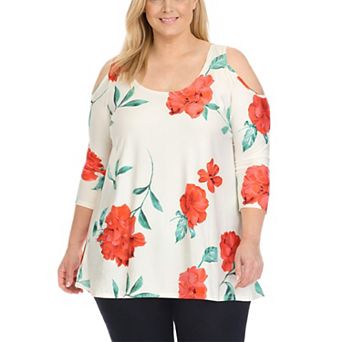 Plus Size Floral Cold Shoulder Knit Tunic Top